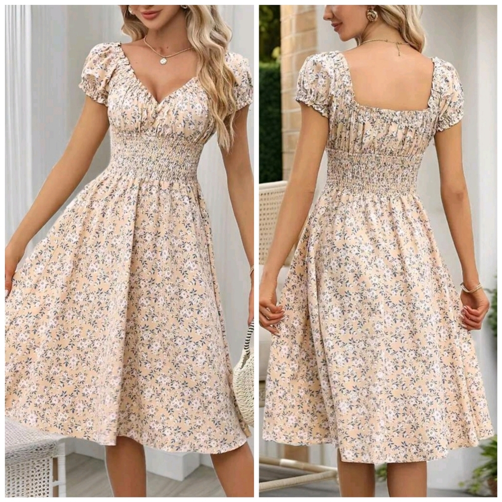New Boho Floral Sweetheart Smocked Midi Dress Beige Peach White